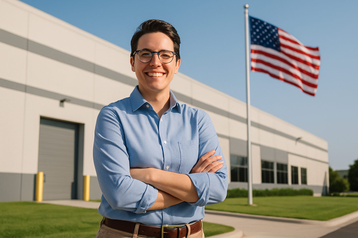 business owner standing in front of business with american flag blowing in wind